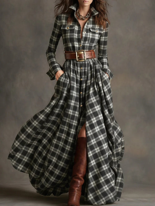 Ins Plaid Long-Sleeve Shirt Dress with Pockets